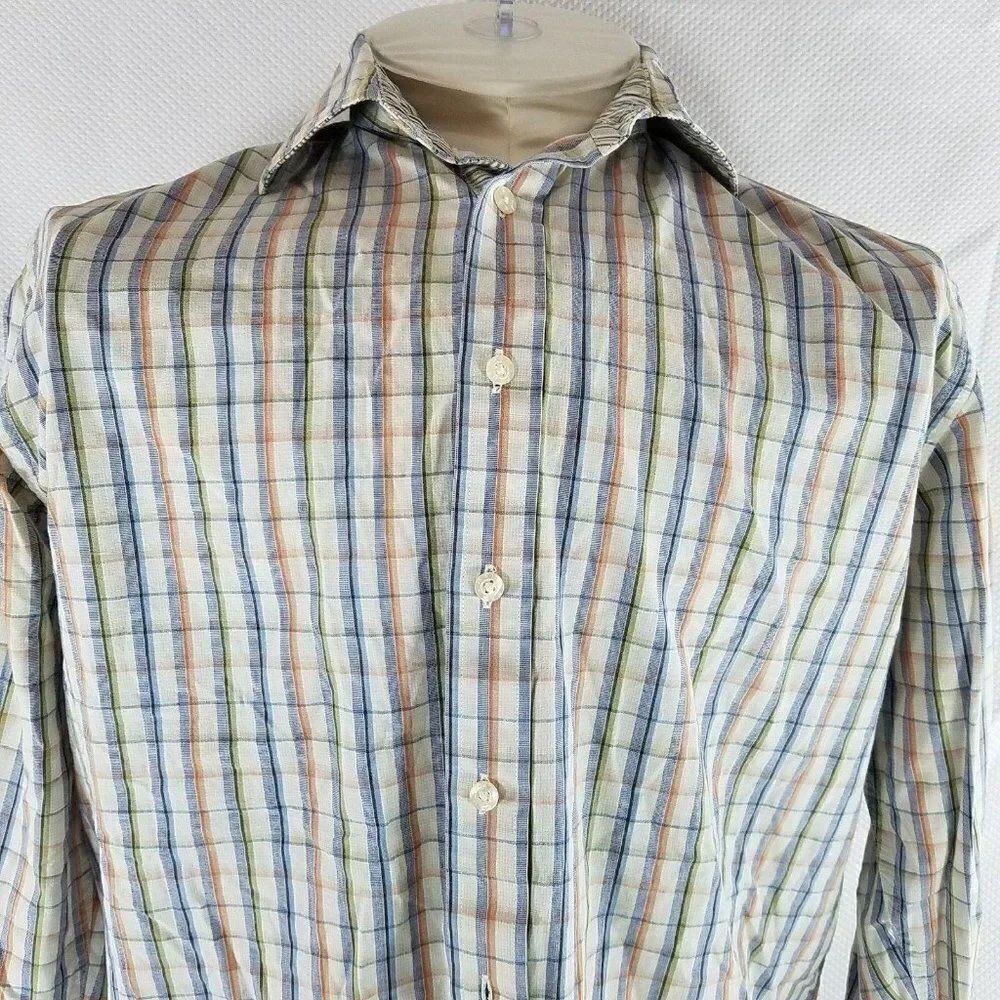 Robert Graham RG Cotton Plaid Stripes XL Button Front Shirt Blue Green Orange